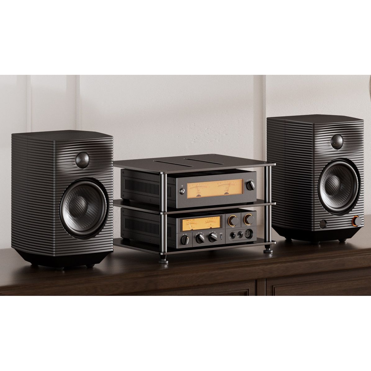 FiiO SP5 active speakers shown with dac and tube amp