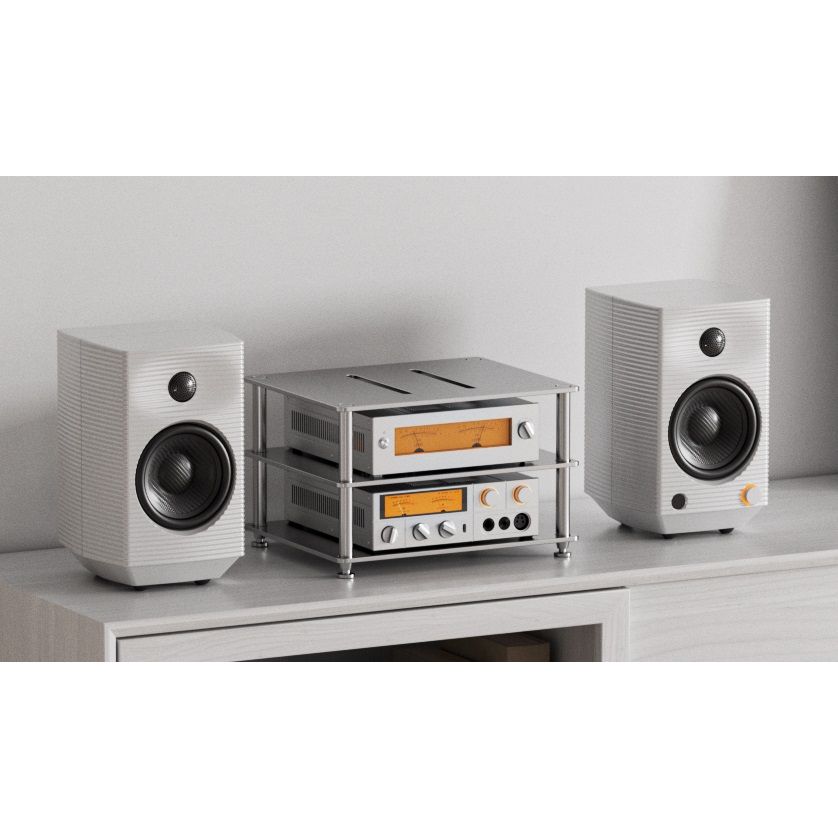 White SP5 speakers shown with dac and headphone amp